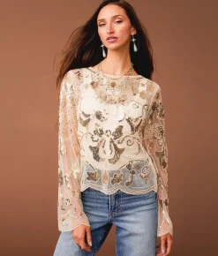 Tops | Sterling & Stitch Sequin Mesh Top Champagne