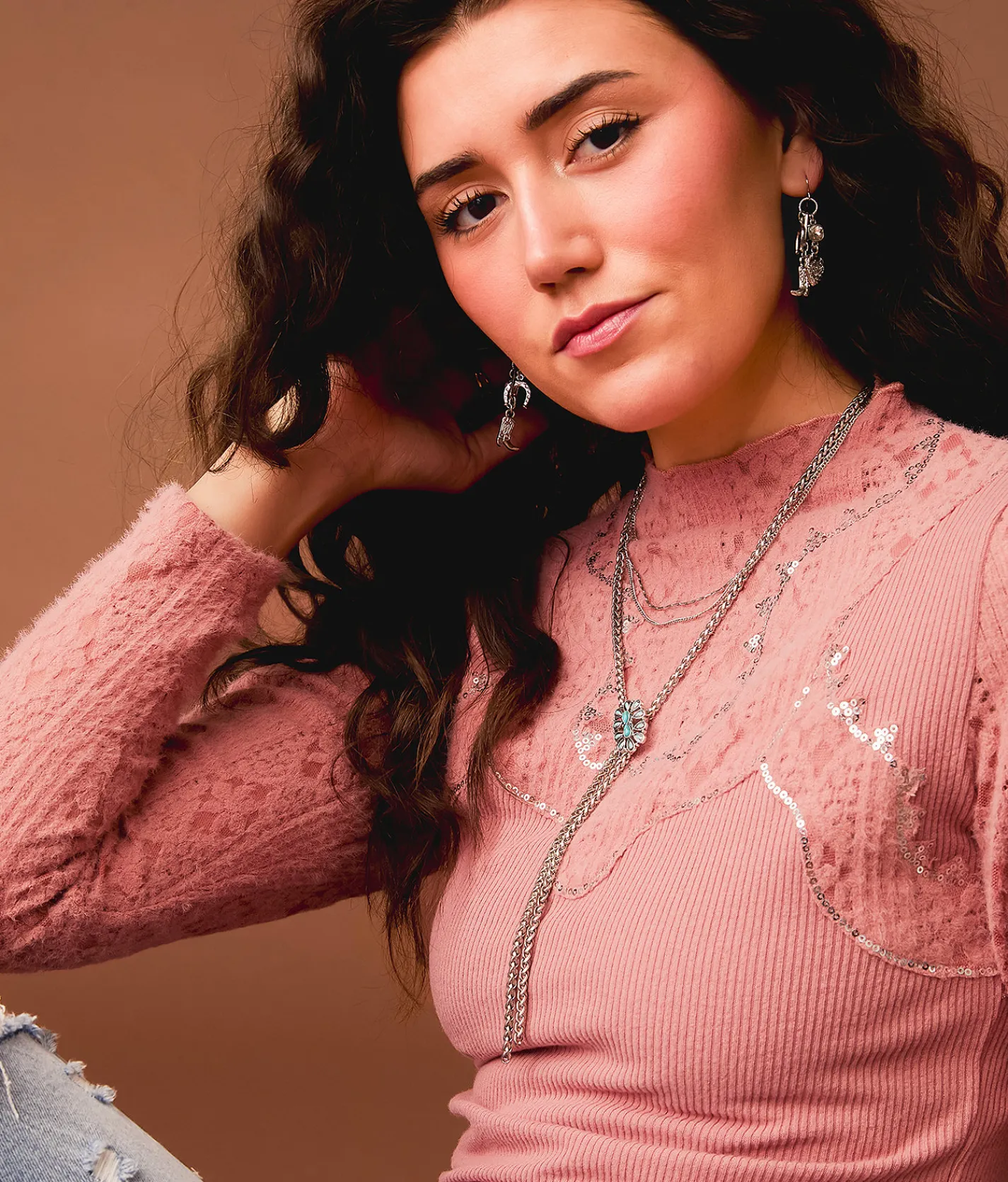 Gimmicks Sequin Mock Neck Top Ash Rose Clearance
