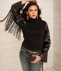 Tops | Sterling & Stitch Sequins Fringe Top Black