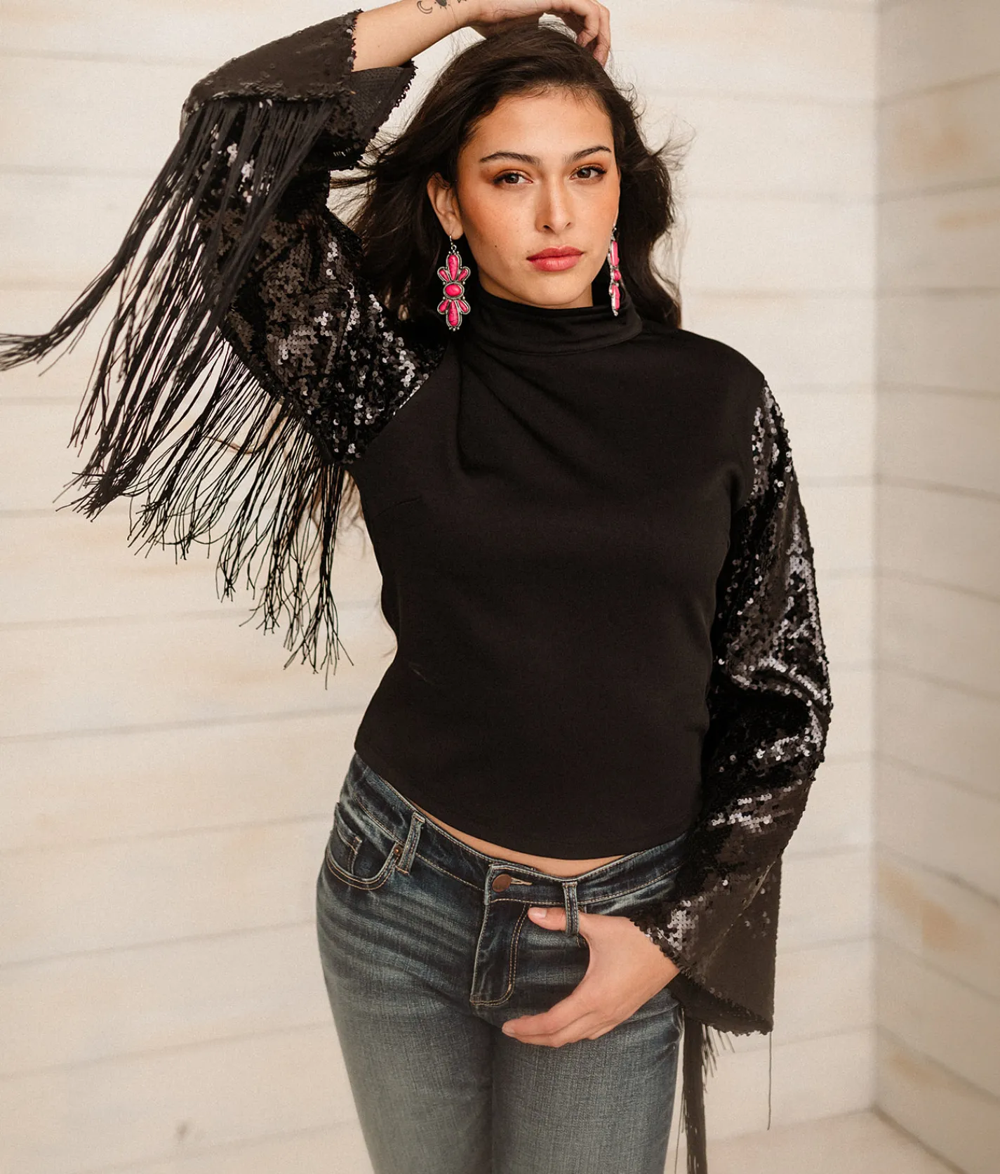 Tops | Sterling & Stitch Sequins Fringe Top Black