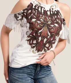 Affliction Serenity Cold Shoulder T-Shirt White Lt Grey Crystal Was Best