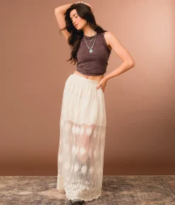Gimmicks Sheer Lace Maxi Skirt Cream