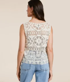 Daytrip Sheer Lace Scalloped Tank Top Cream Sale