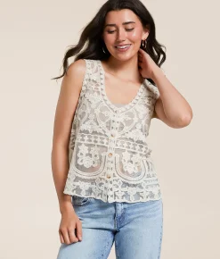 Daytrip Sheer Lace Scalloped Tank Top Cream Sale