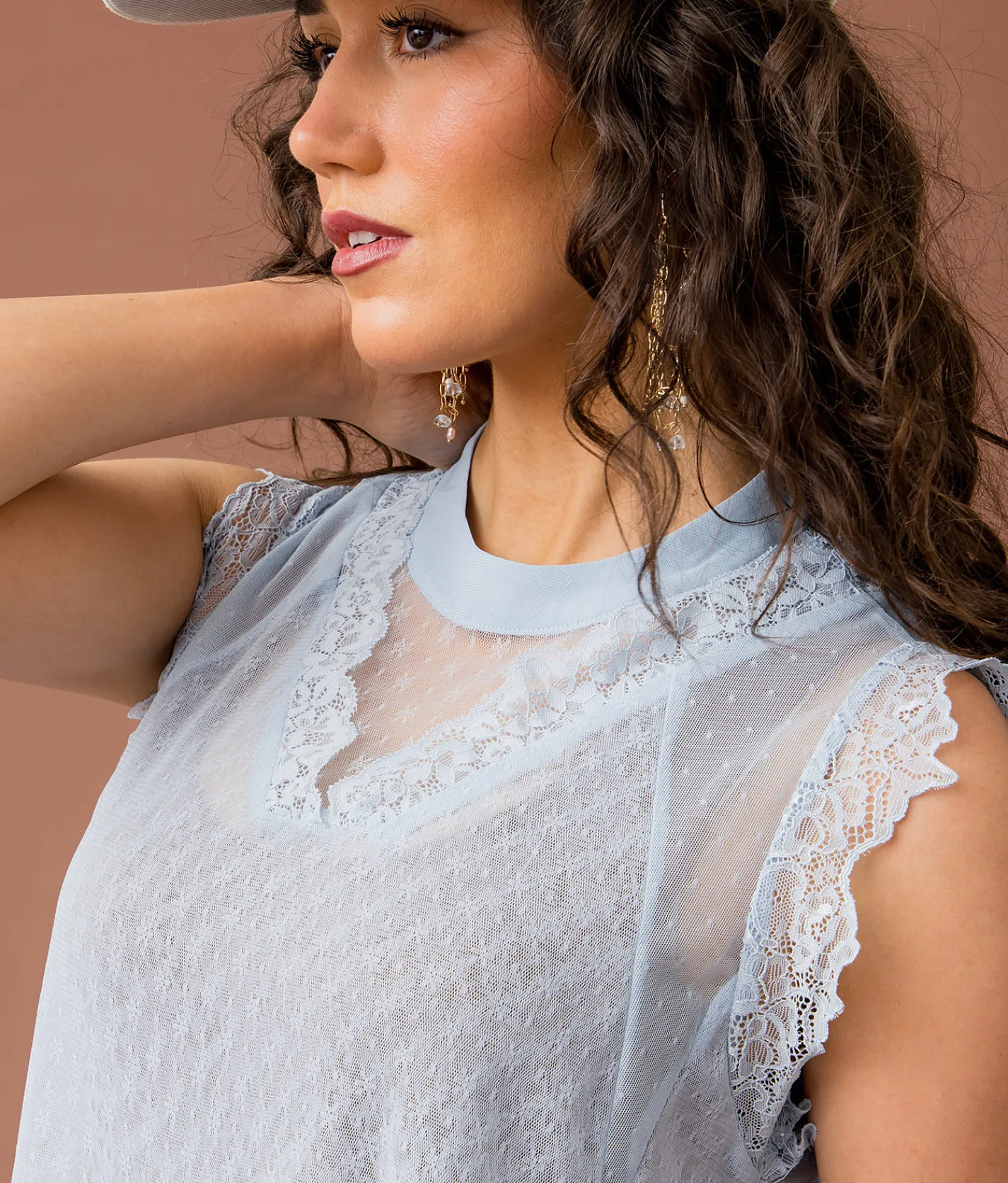 Gimmicks Sheer Lace Tank Top Blue Fog Best