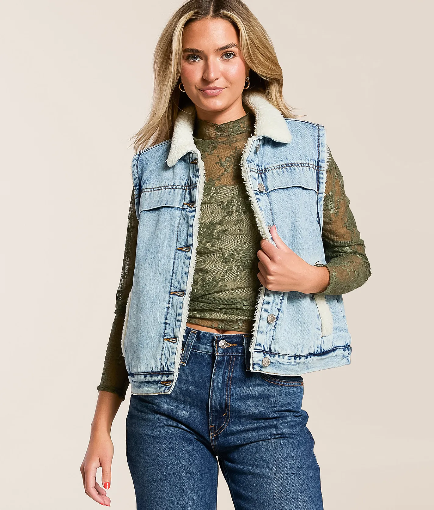 Tops|Coats & Jackets | Thread & Supply Sherpa Denim Vest Light Denim Wash
