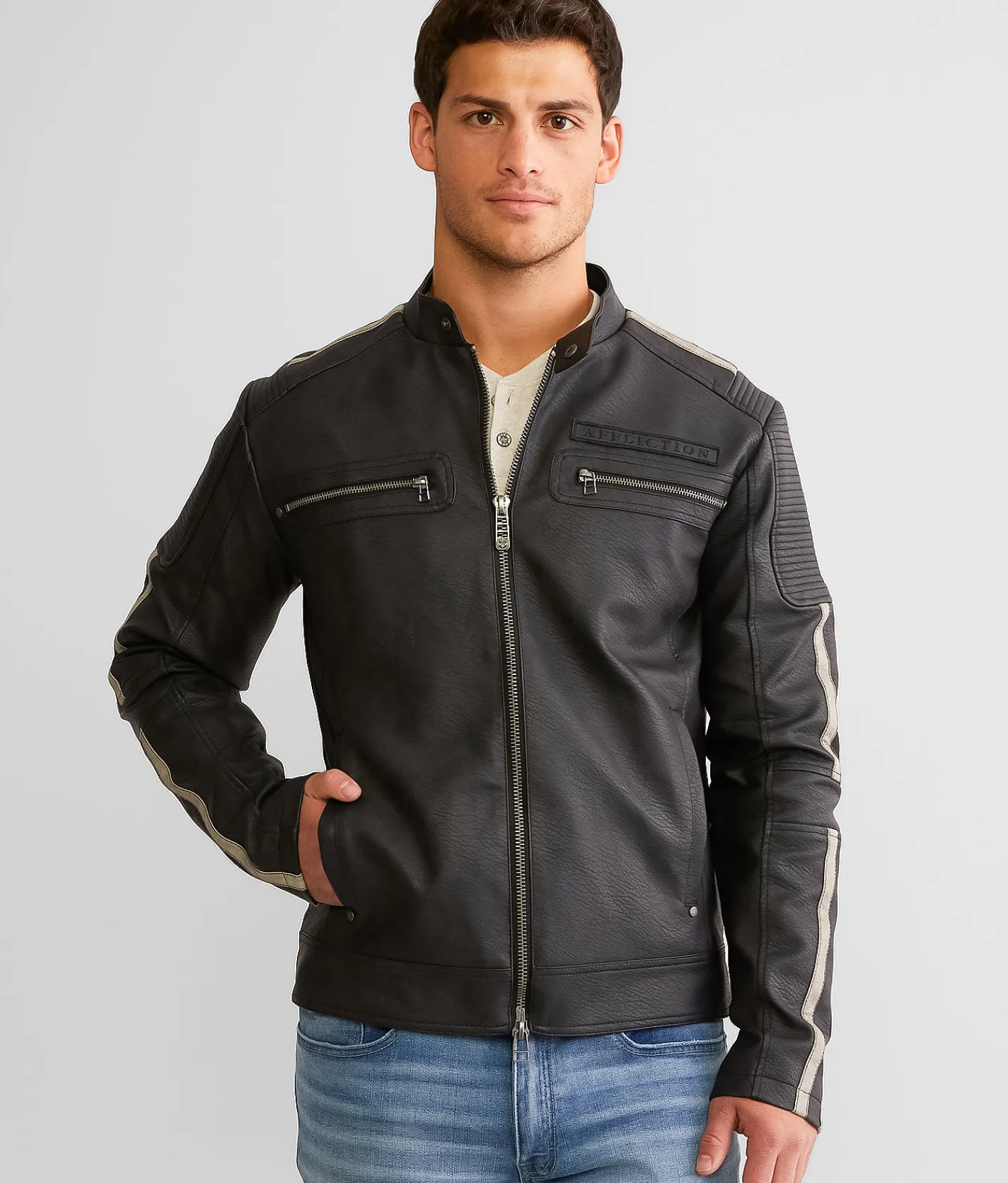 Affliction Silver Chief Faux Leather Jacket Black Outlet