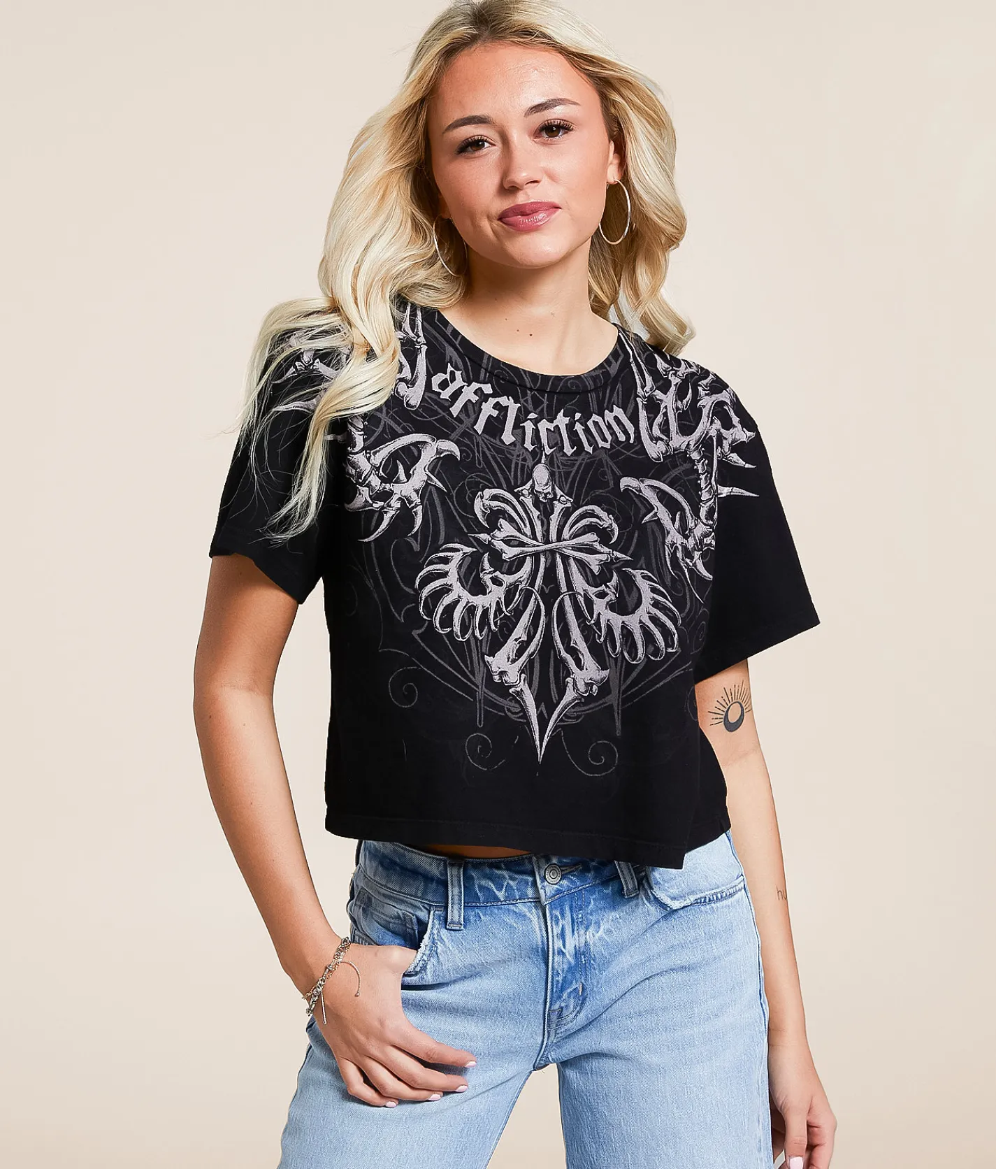 Affliction Skeleton Cropped T-Shirt Black Reactive Clearance