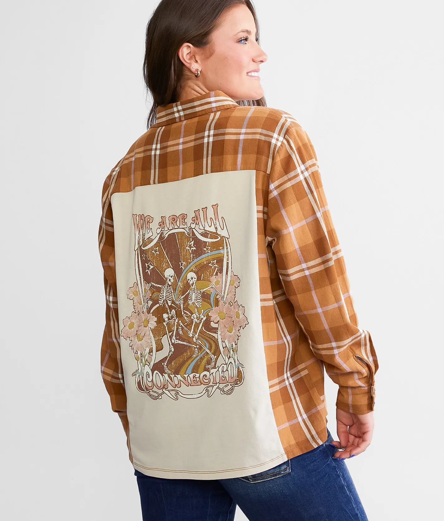 La La Land Skeletons Flannel Boyfriend Shirt Rubber Brown Jet Discount