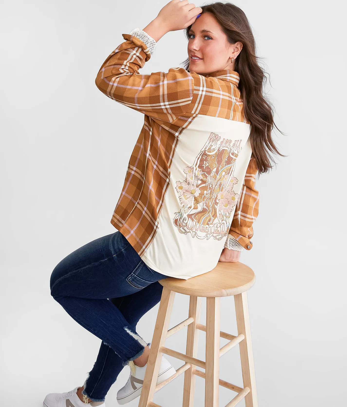 La La Land Skeletons Flannel Boyfriend Shirt Rubber Brown Jet Discount