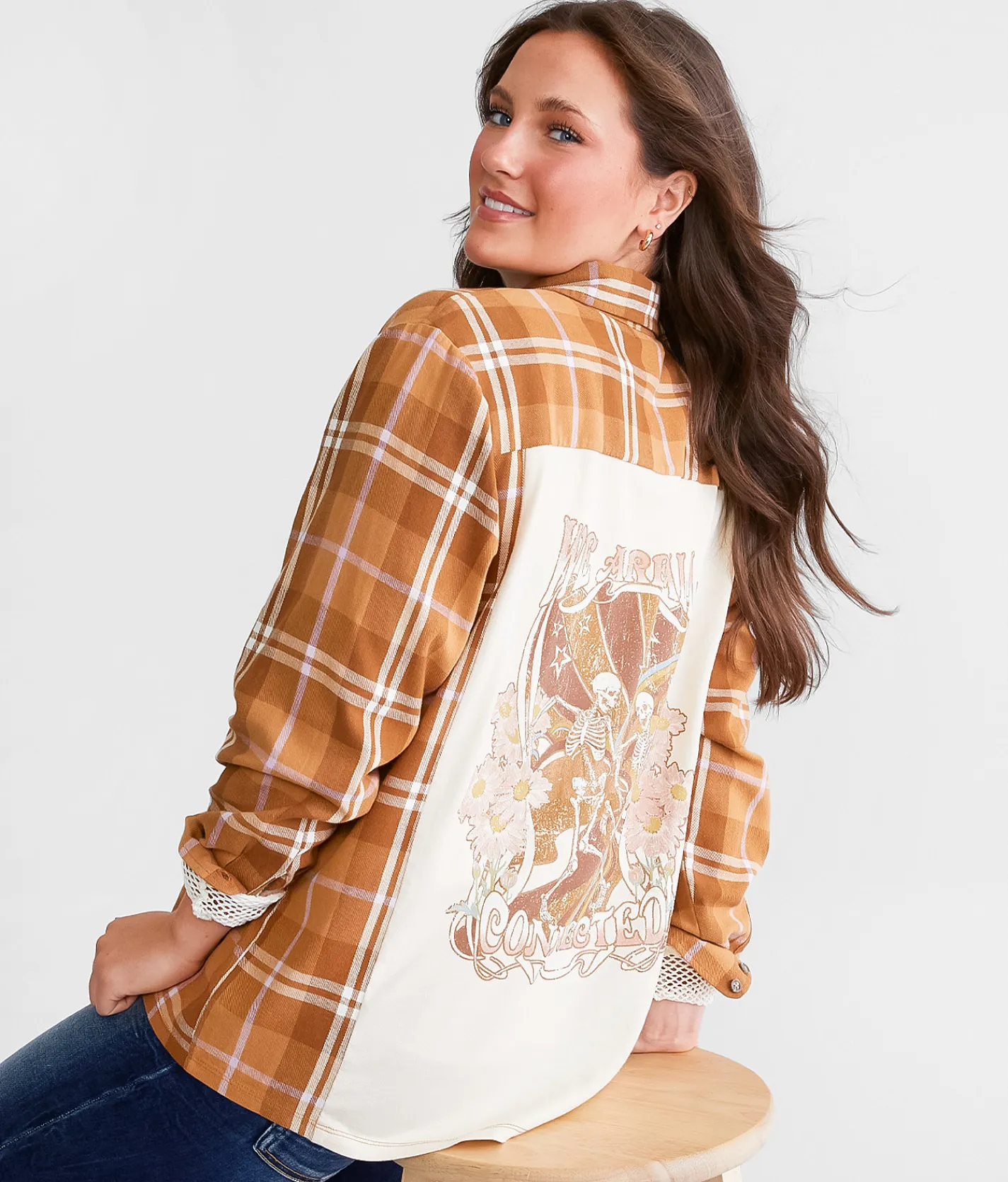 La La Land Skeletons Flannel Boyfriend Shirt Rubber Brown Jet Discount