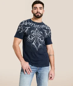 Affliction Skeleton T-Shirt Black Navy Mineral Wash Discount