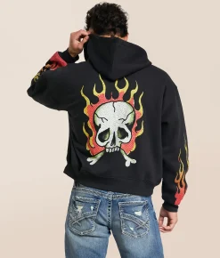 Tops | Ed Hardy Skull Flames Hoodie Black