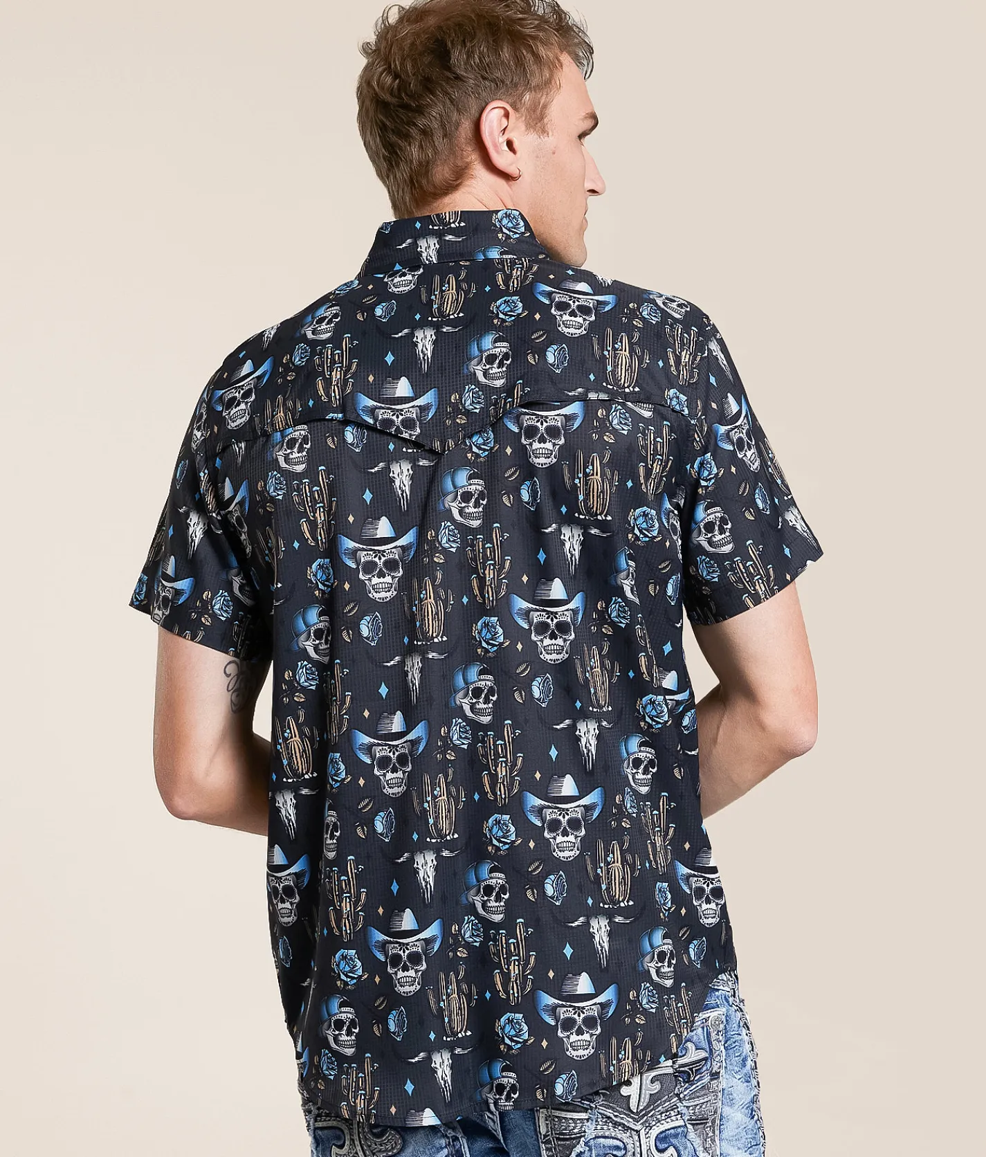 Tops | Rock & Roll Denim Skull Tek Stretch Shirt Charcoal