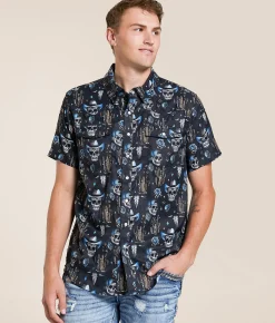 Tops | Rock & Roll Denim Skull Tek Stretch Shirt Charcoal