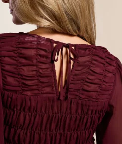 Willow & Root Smocked Chiffon Top Burgundy Sale