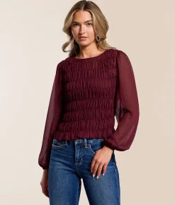 Willow & Root Smocked Chiffon Top Burgundy Sale