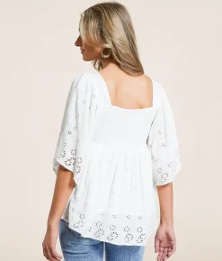 Tops | Angie Smocked Floral Eyelet Top Ivory