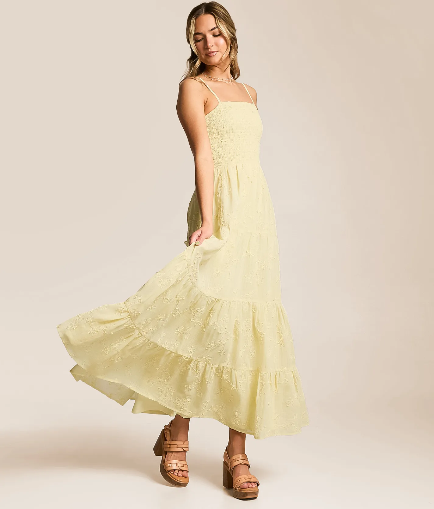 Dresses | Willow & Root Smocked Midi Dress Pale Yellow
