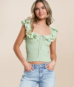 Tops | Willow & Root Smocked Ruffle Cropped Tank Top Green