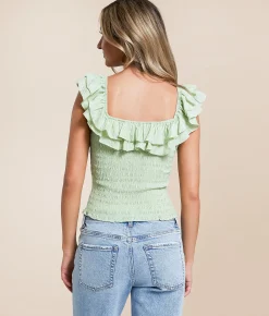 Tops | Willow & Root Smocked Ruffle Cropped Tank Top Green