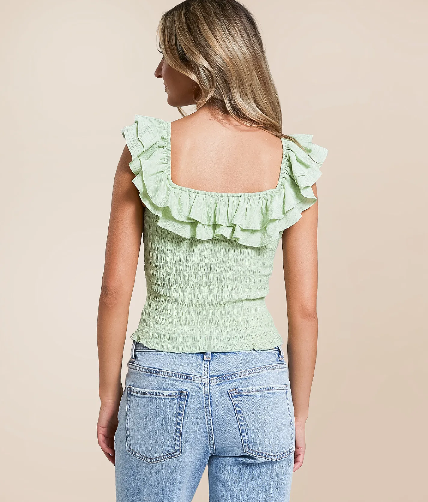 Tops | Willow & Root Smocked Ruffle Cropped Tank Top Green