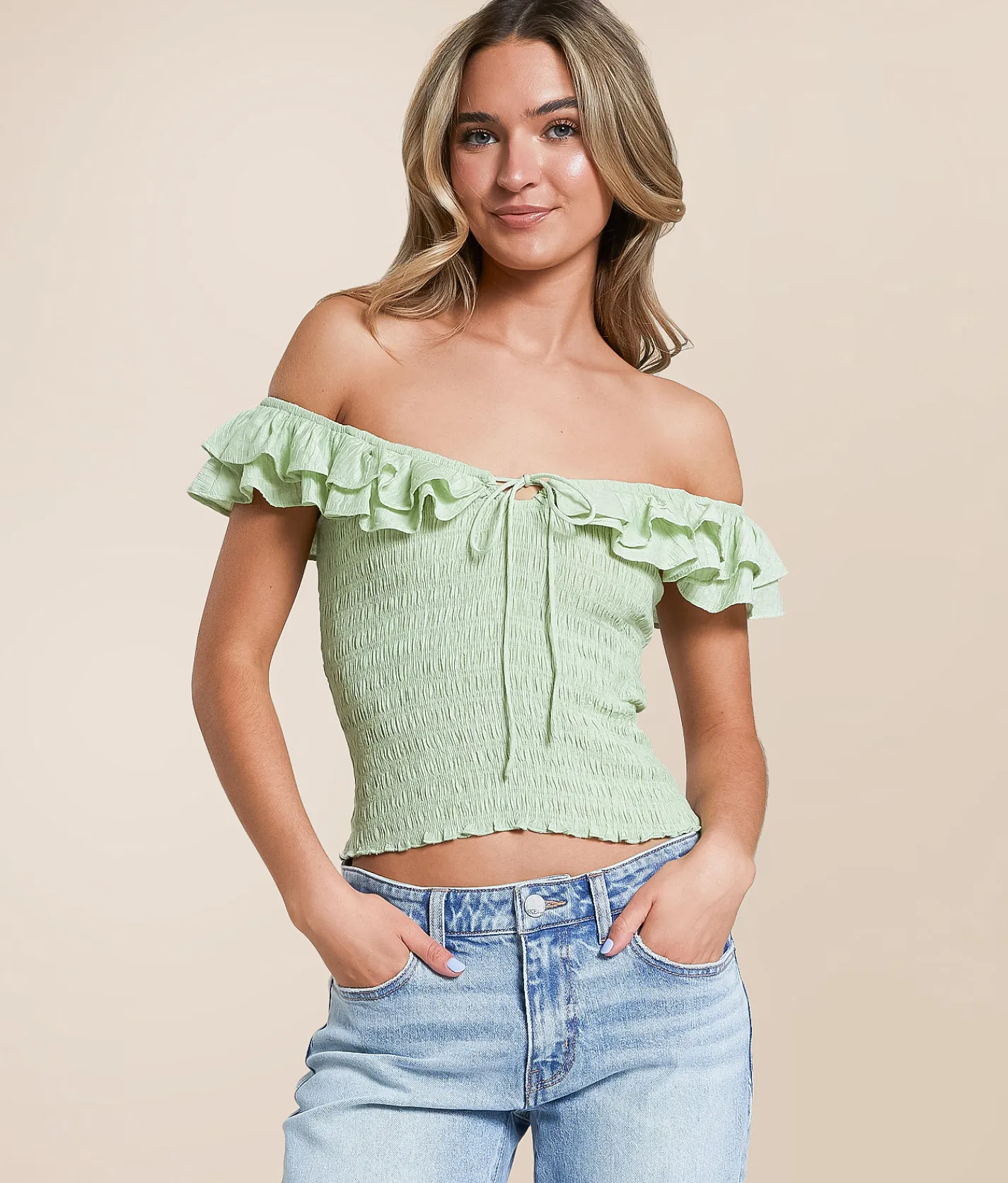 Tops | Willow & Root Smocked Ruffle Cropped Tank Top Green