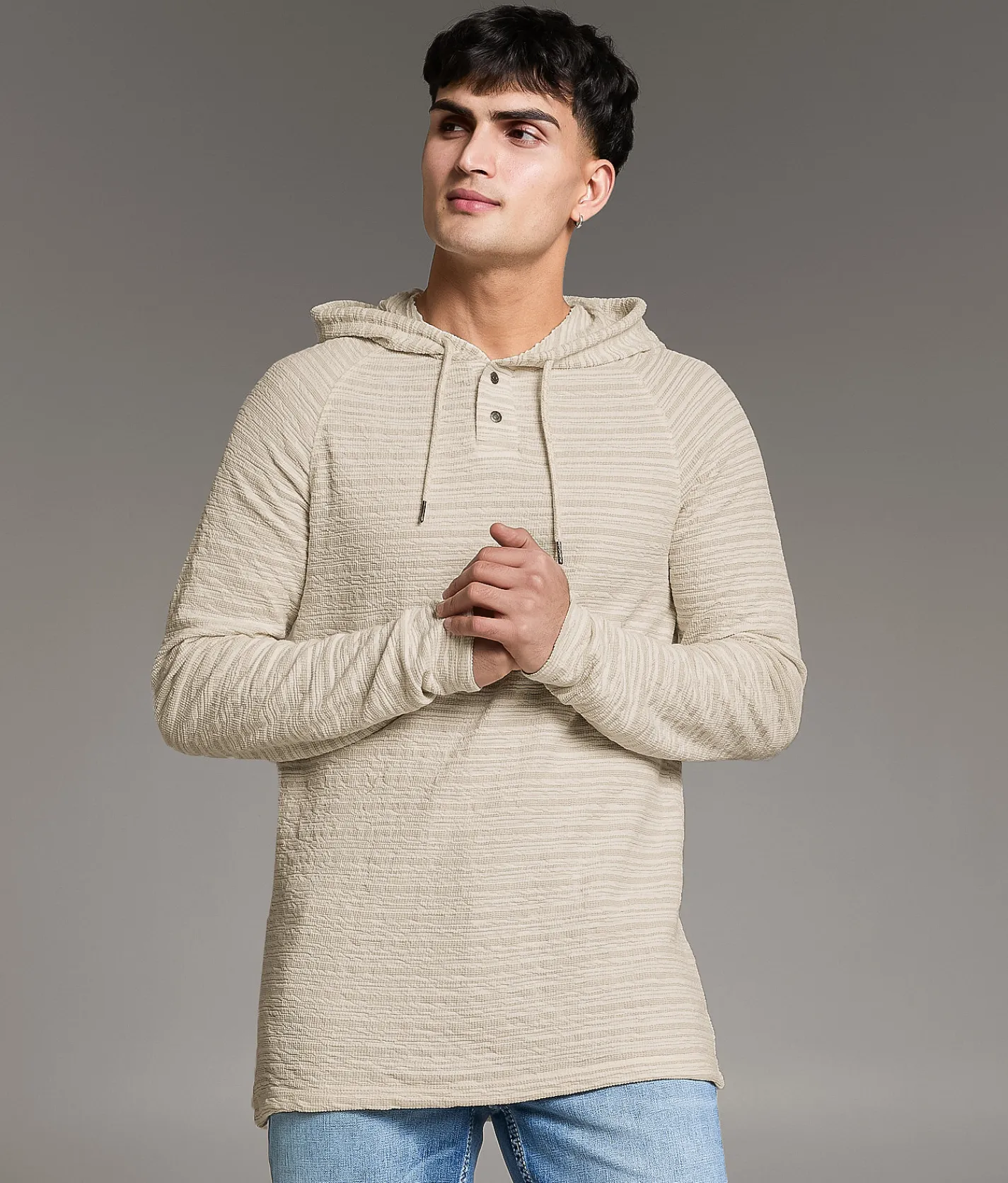 BKE Snap Henley Hoodie Cream Discount