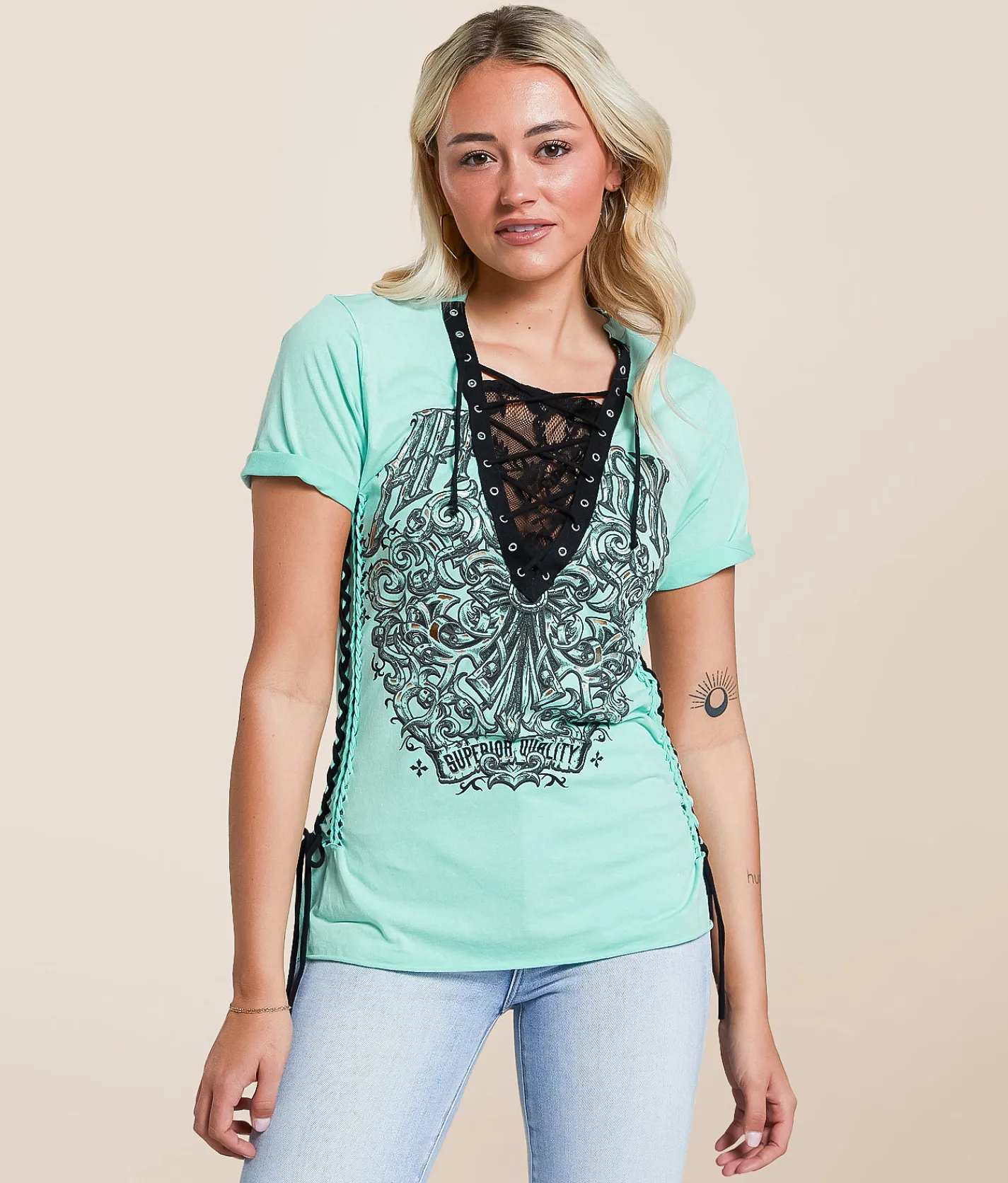 Tops | Affliction Solution Lace-Up T-Shirt Mint Lava Wash