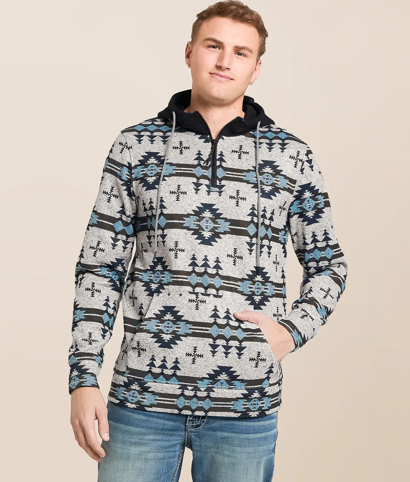 Departwest Southwestern Quarter Zip Hooded Sweatshirt Ombre Blue Clearance