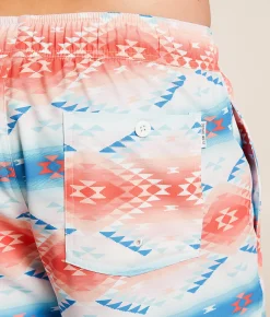 Bottoms|Swimwear | Departwest Southwestern Stretch Swim Trunks White Blue Coral