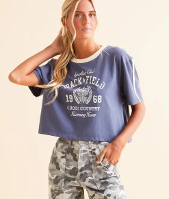 Modish Rebel Sporting Club Cropped T-Shirt Navy Blue New
