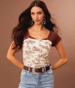 Sterling & Stitch Square Neck Cropped Top Ivory Brick Clearance