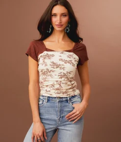 Sterling & Stitch Square Neck Cropped Top Ivory Brick Clearance