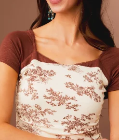 Sterling & Stitch Square Neck Cropped Top Ivory Brick Clearance