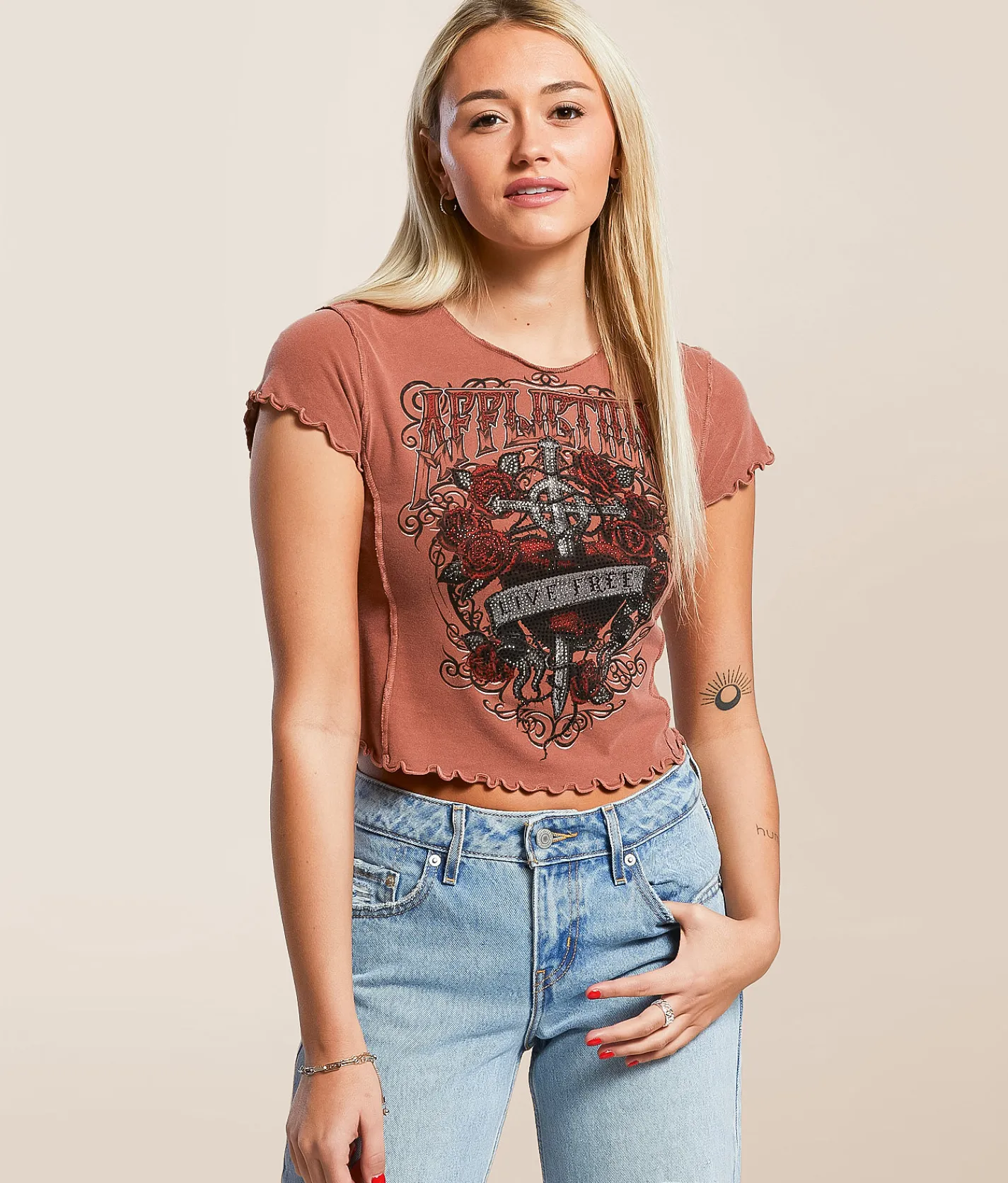 Tops | Affliction Stainglass Baby Cropped T-Shirt Picante Pigment Dye