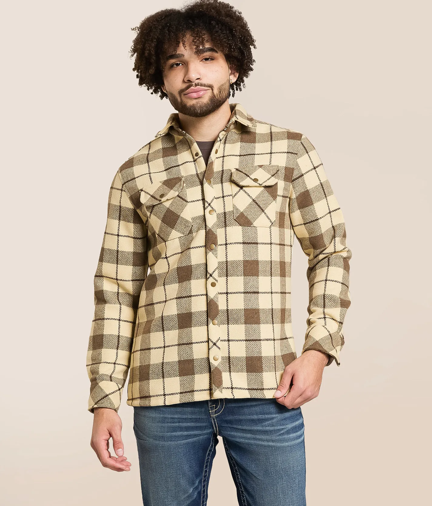 Departwest Standard Plaid Flannel Shirt Cream Brown New