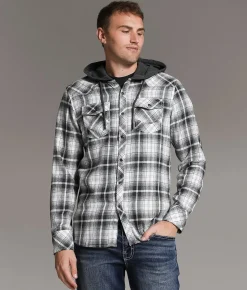 BKE Standard Plaid Hooded Shirt Black White Grey