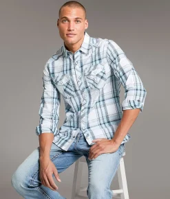 BKE Standard Plaid Shirt White Blue Clearance