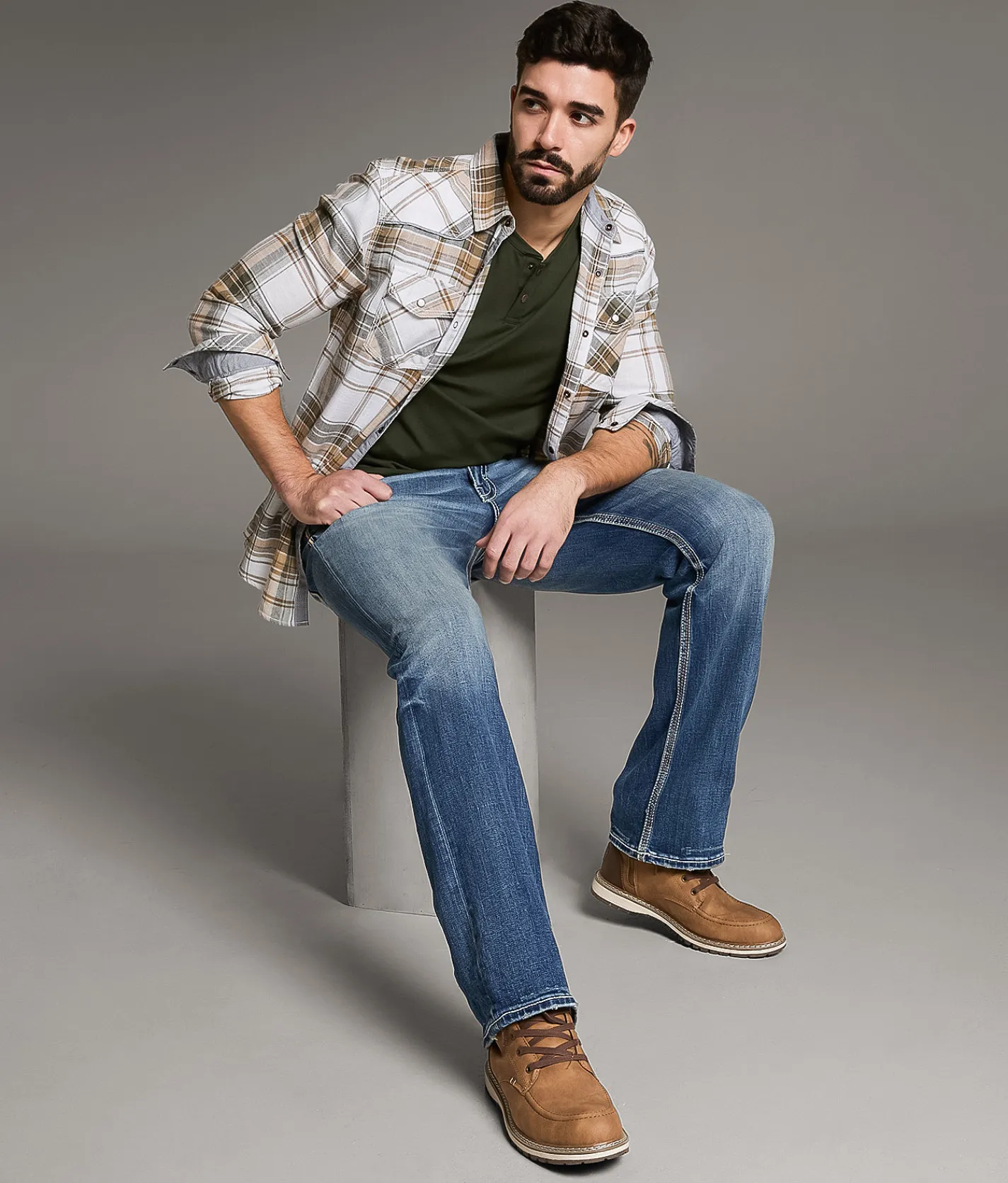 Tops | BKE Standard Plaid Shirt White Tan