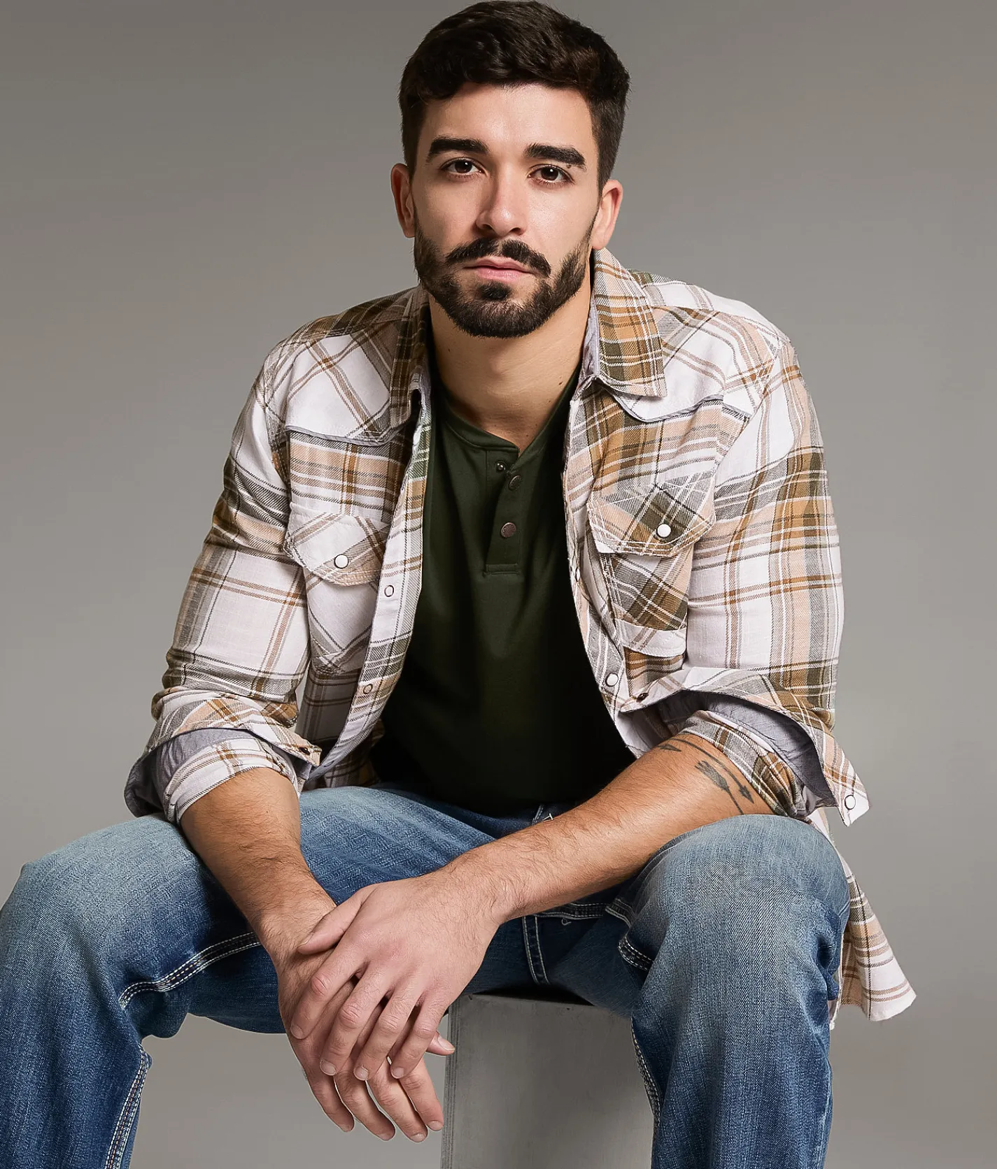 Tops | BKE Standard Plaid Shirt White Tan