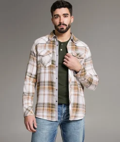 Tops | BKE Standard Plaid Shirt White Tan
