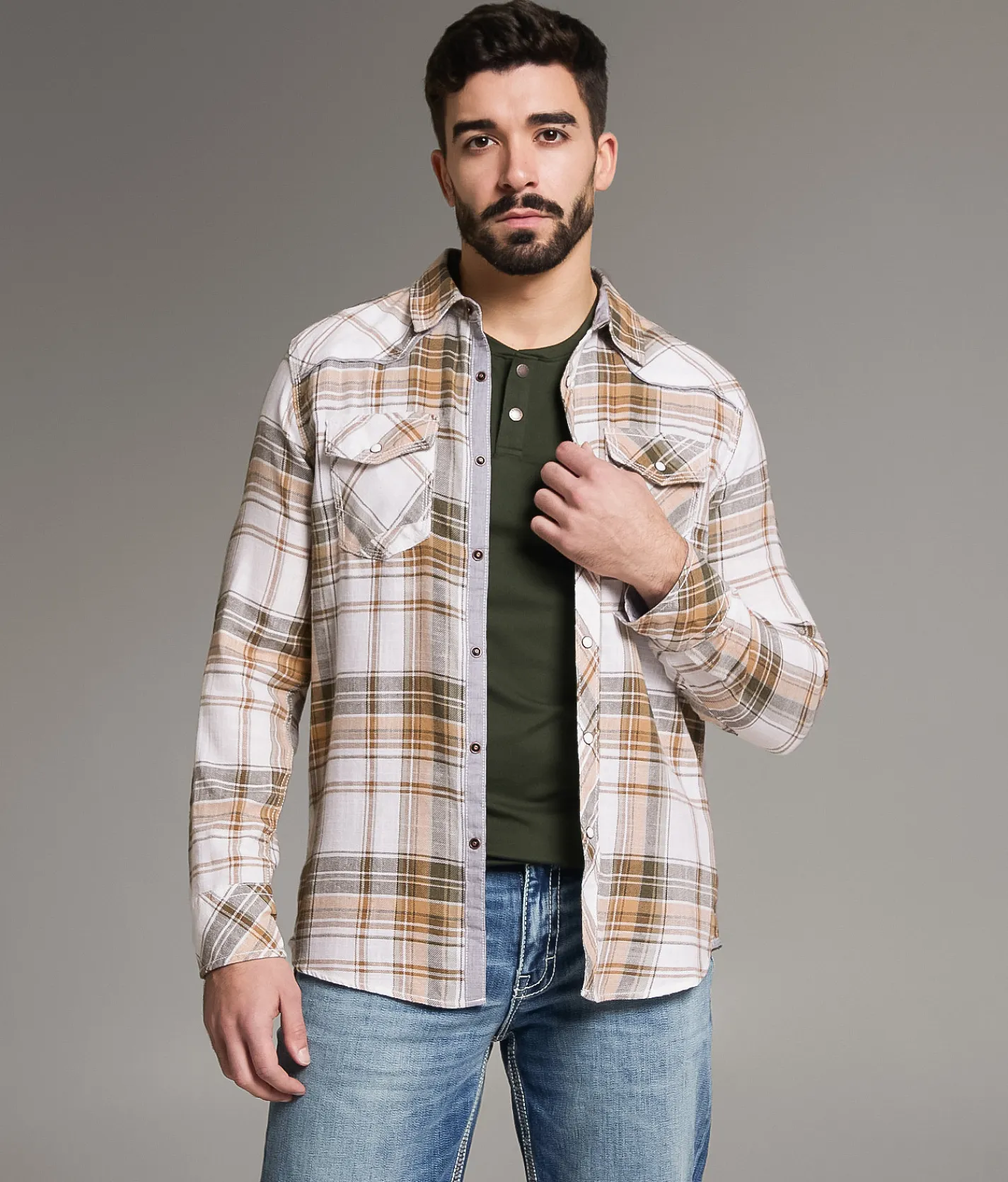Tops | BKE Standard Plaid Shirt White Tan