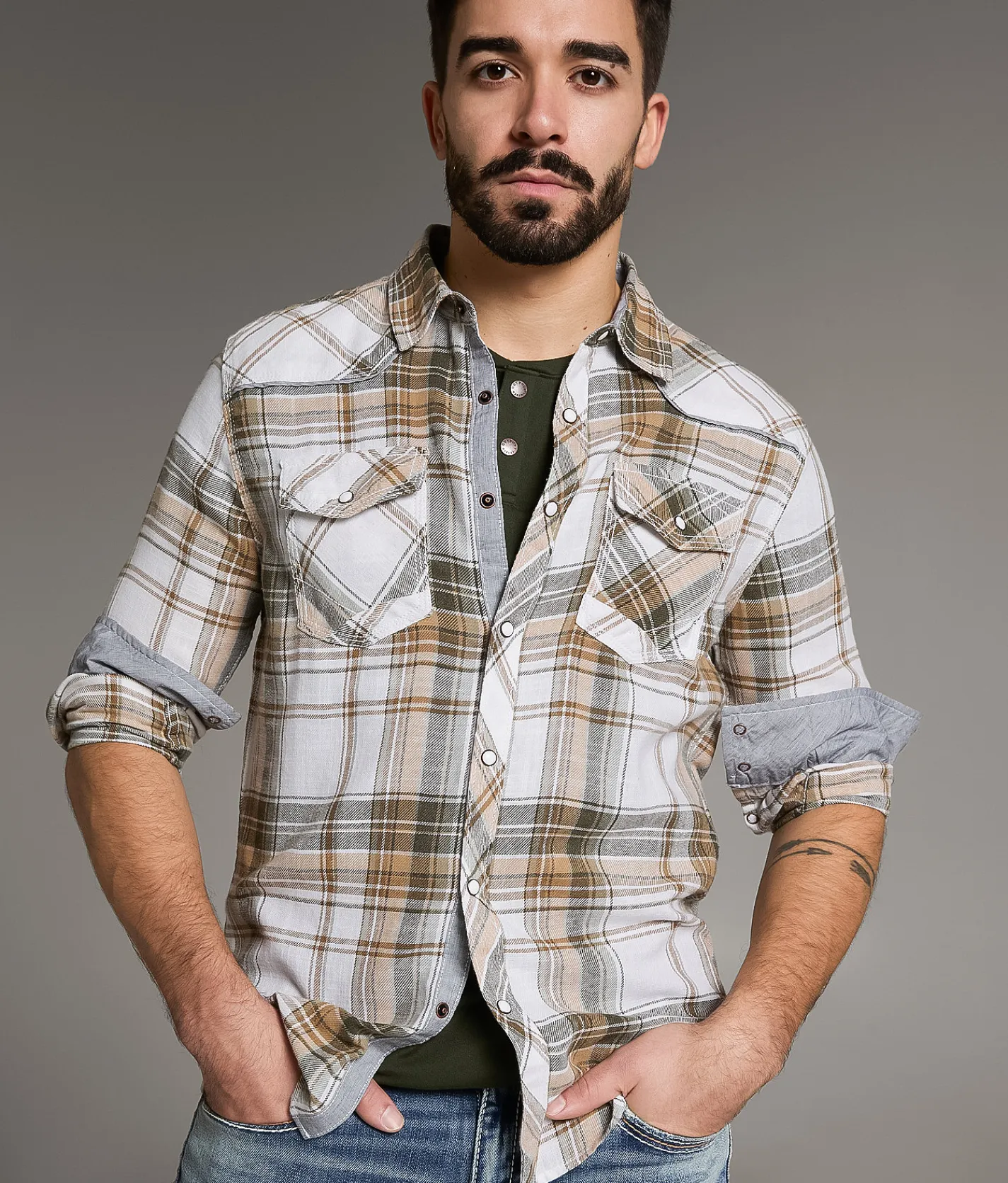 Tops | BKE Standard Plaid Shirt White Tan