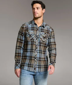 BKE Standard Plaid Shirt Navy Tan Blue Best
