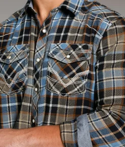BKE Standard Plaid Shirt Navy Tan Blue Best