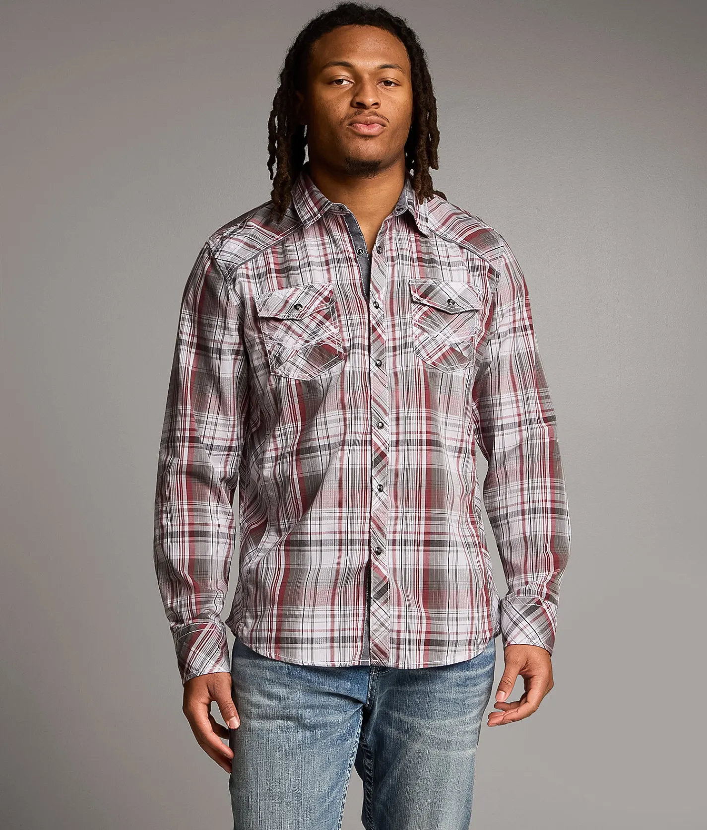 BKE Standard Plaid Shirt White Grey Red Best