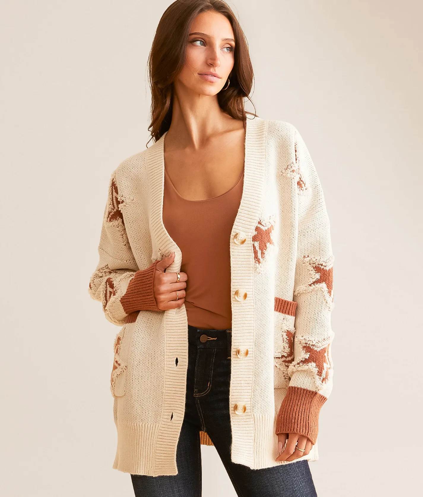 Tops | Sadie & Sage Star Cardigan Sweater Ivory and Brown