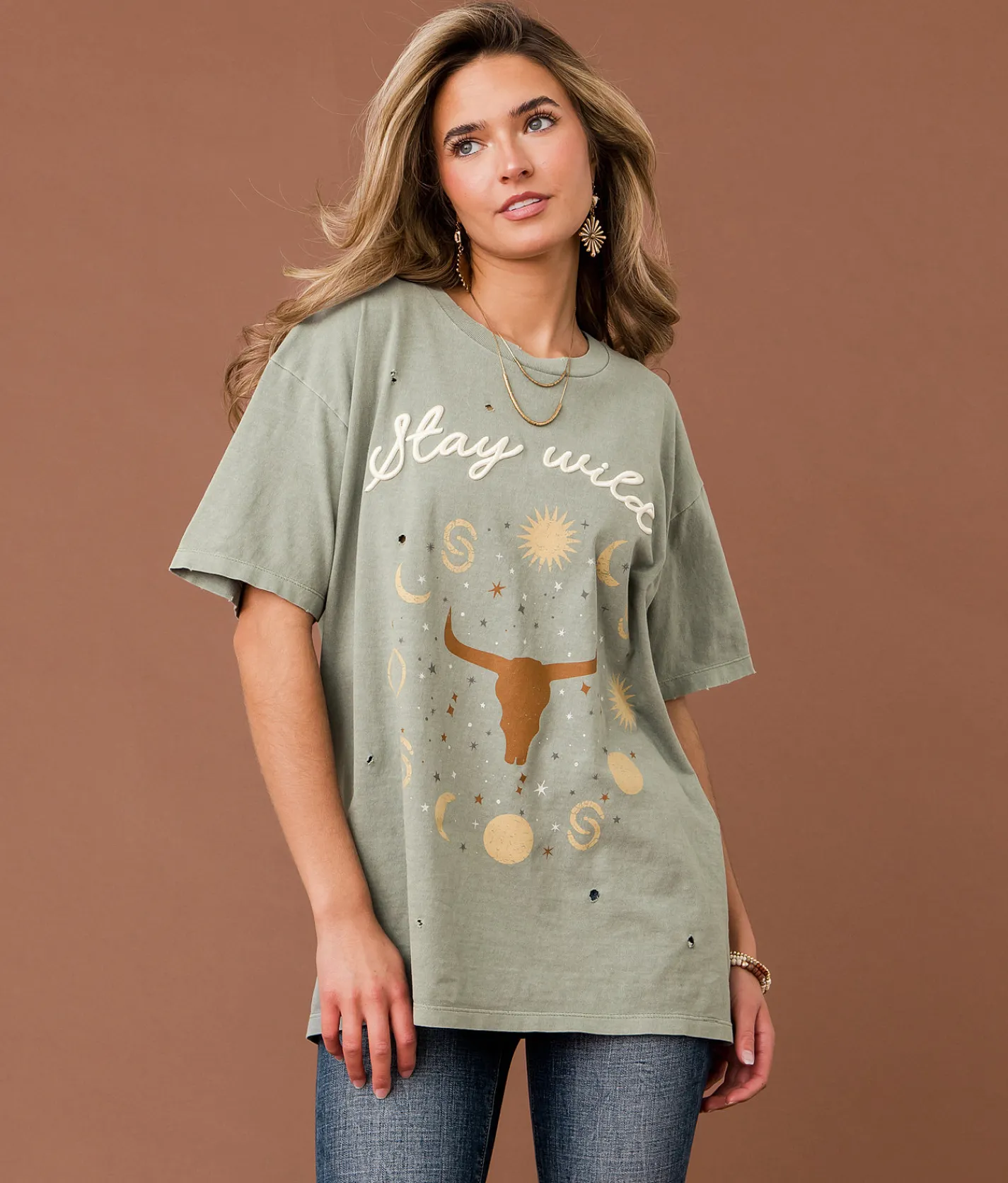 Sterling & Stitch Stay Wild T-Shirt Olive Green Outlet