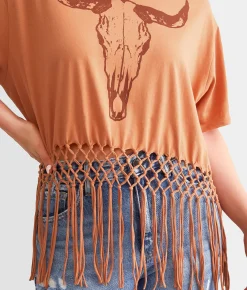 Modish Rebel Steer Macrame Fringe Cropped T-Shirt Cafe Cream Sale